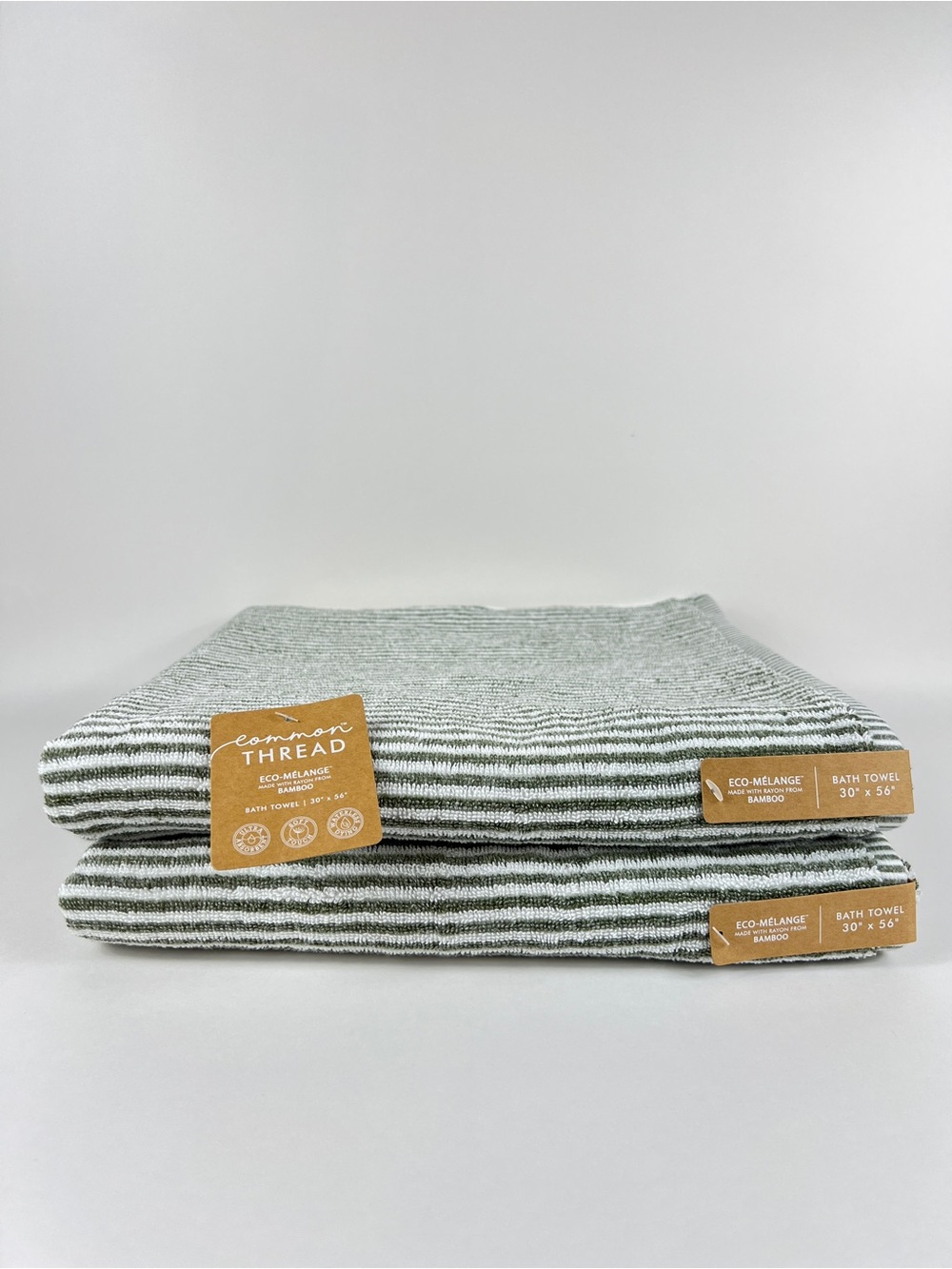 Common Thread Bamboo Bath Towels Green White Stripe Cotton Eco Melange 2 Pc NEW